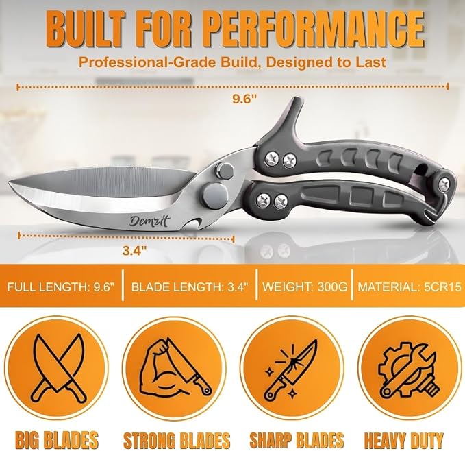 Poultry Shears Heavy Duty Professional, Turkey Shears for Chicken & Bone Cutting, Meat Cutting Scissors, Spring-Loaded Multi-purpose Kitchen Scissors, Dishwasher Safe, Non-Slip Handle, Silver