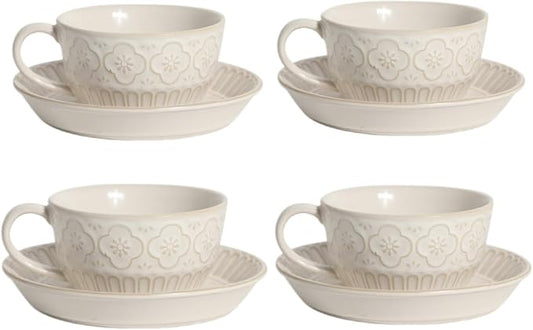 LOWYEPAULHO Cappuccino Cups with Saucers, 5''Ceramic Coffee Cup and Saucer set for Au Lait, Double shot, Latte, Cafe Mocha,Set of 4