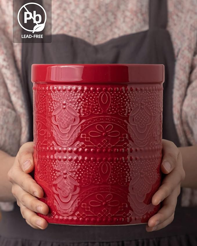 FUN ELEMENTS Kitchen Utensil Holder, 7.2" Super Large Utensil Crock Heavy and Stable Lace Emboss Ceramic Utensil Holder for Kitchen Counter (Christmas Red)