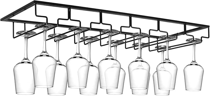 Xverycan Wine Glass Rack Under Cabinet, 6 Row Extreme Large Stemware Hanger, Metal Wine Goblet Holder, DIY Bar Glass Storage Rack for Bar Counter, Kitchen, Screws Included (Black)