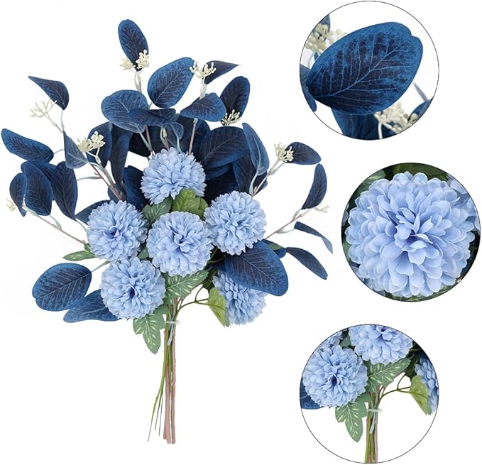 Blue Chrysanthemum Silk Flowers for Decoration Faux Flowers Bouquet for Vase Home Decor Indoor Table Centerpieces Dining Room Floral Arrangement (Without Vase, Dark Blue)