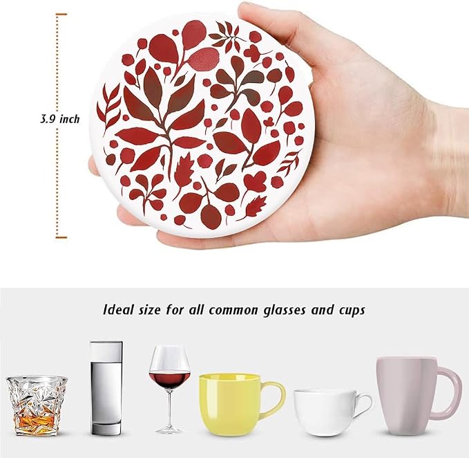 Drink Absorbent Coasters with Holder Set of 6, Ceramic Stone with Cork Base, Modern Red Abstract Geometric Coaster for Drinks, Gift for Housewarming Room Bar Home Decor Kitchen