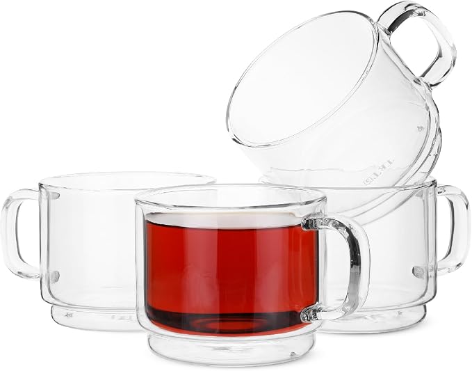 BTaT- Double Walled Stackable Glass Coffee Mugs, 16 oz, Set of 4, Glass Coffee Cups with Handle, Insulated Clear Coffee Mug for Hot and Cold Beverages, Cappuccino, Latte, Tea, Americano