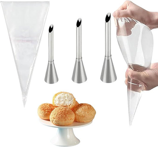 Cream Icing Piping Nozzle Tip, 3 Pcs Long Puff Nozzle Tip with 20Pcs Disposable Pastry Bags, Stainless Steel Cupcake Filler Decorating Tool (A)