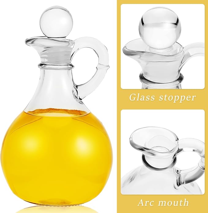 Suclain 4 Sets 12oz Glass Oil and Vinegar Cruet Set Round Oil Dispenser Olive Bottle with Airtight Stopper Salad Dressing Bottle Glass Condiment Container for Kitchen Homemade Olive Condiment(Clear)