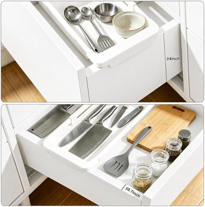 2 Pack Hanging Expandable Drawer Organizer with 2 Pack Non-Hanging Sliding Adjustable Storage Trays for Kitchen, Bathroom, Office, White