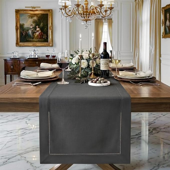 Signature Linen™ by D'Moksha Charcoal Grey Table Runner 120 Inches Long, 100% Pure Linen, Hemstitch, 14 x 120 Inch Table Runner for Dresser, Dining- Summer, Father's Day