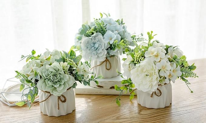 TKAS Fake Flowers Arrangement in Ceramic Vase, Artificial Faux Silk Roses & Hydrangea, Small Realistic Dried-Style Floral Dining Table Centerpiece for Wedding Party Home Decoration (White)