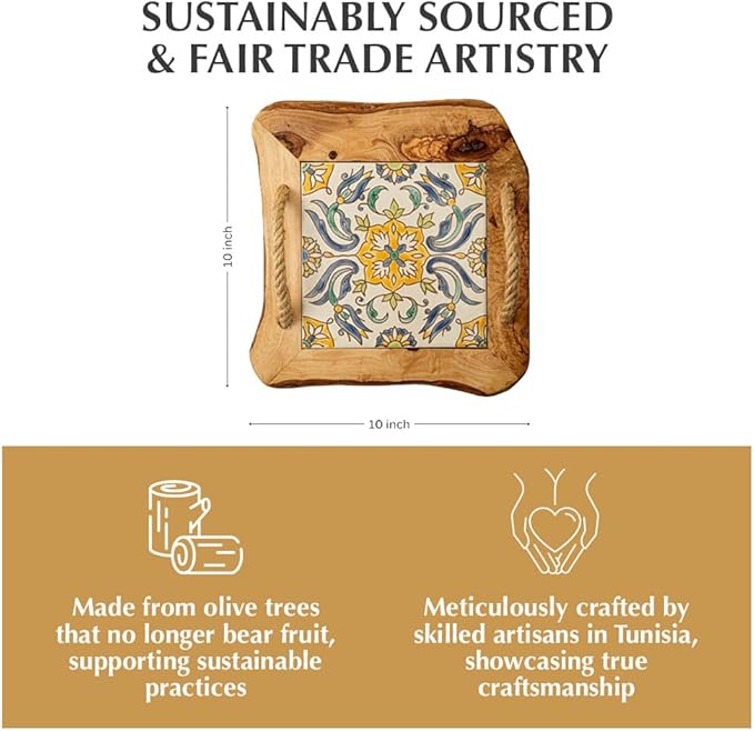 Kamsah Olive Wood Serving Tray with Handles (L:10”, W:10”) Decorative Square Serving Trays for Serving Food, Drinks, Tea, Coffee - Rustic Vintage Wooden Serving Tray for Table & Gifts - Arabesque