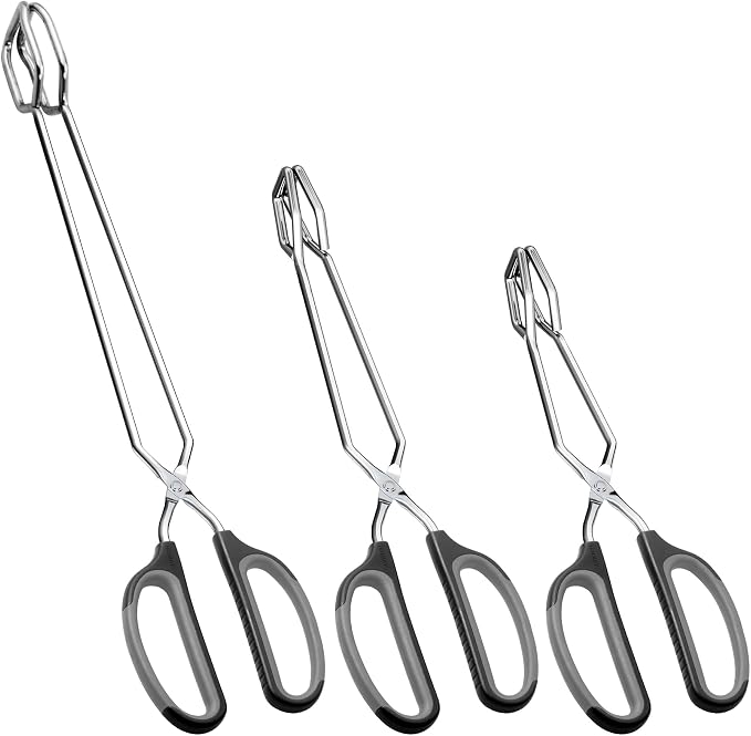 HINMAY Stainless Steel Scissor Tongs Cooking Tongs Set, Set of 3 (Black Handle, 10" 12" 16")
