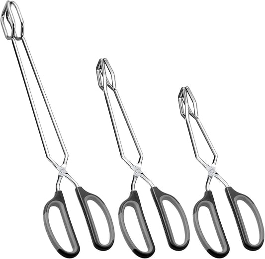 HINMAY Stainless Steel Scissor Tongs Cooking Tongs Set, Set of 3 (Black Handle, 10" 12" 16")