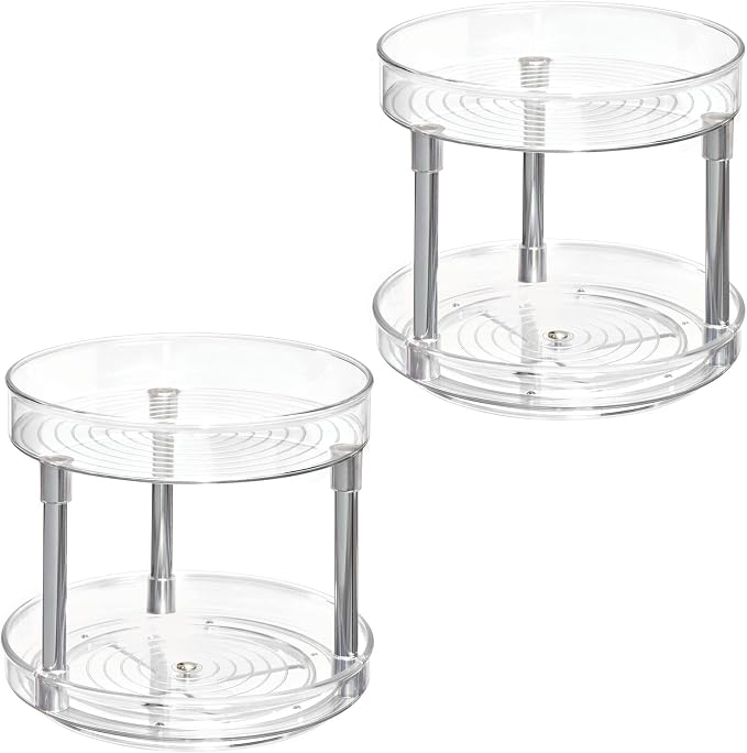 mDesign 2-Tier Lazy Susan Turntable for Kitchen Cabinets, Shelf, Table, Countertop, 9" Multi Level Rotating Organizer Carousel, Storage Turntable Organizer, Ligne Collection, 2 Pack, Clear/Chrome