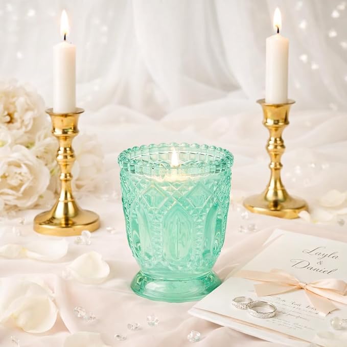 Koyal Wholesale Vintage Glass Candle Holder - Mint Green Tea Light Candle Holders - Mint Green Party Decor, Kitchen Decor, Weddings & Birthdays Easter Decorations for Table - 3 X 2.75 (Pack of 6)
