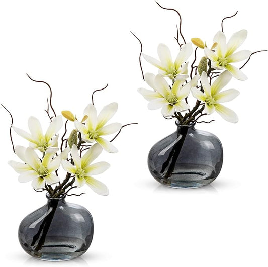 Briful 2PACK Artificial Magnolia Flowers with Grey Glass Vase, Small Faux Magnolia Arrangement Realistic Silk Flowers for Elegant Home Table Shelf Bathroom Decor