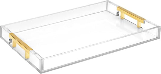 Modern 16"x12" Rectangle Acrylic Lucite Plastic Decorative Serving Tray with Gold Polished Stainless Steel Metal Handles Home Decor Ottoman Coffee Table Makeup Perfume Display Vanity By Home Redefined