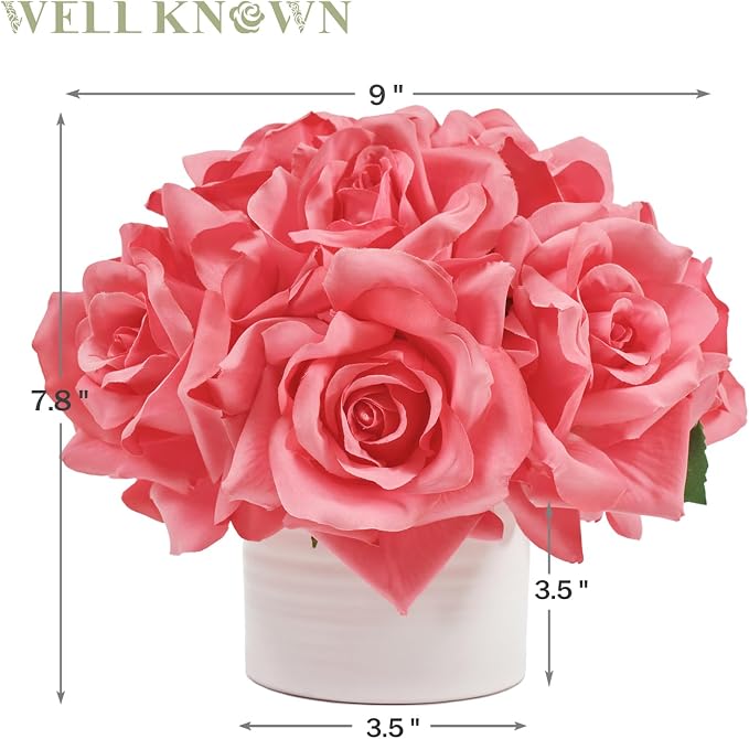 WELL KNOWN Artificial Flowers in Vase, Silk Rose Arrangement Mini Potted Fake Flowers with White Ceramic Vase for Home Wedding Vanity Coffee Table Centerpiece Bathroom Anniversary Decor (Hot Pink)