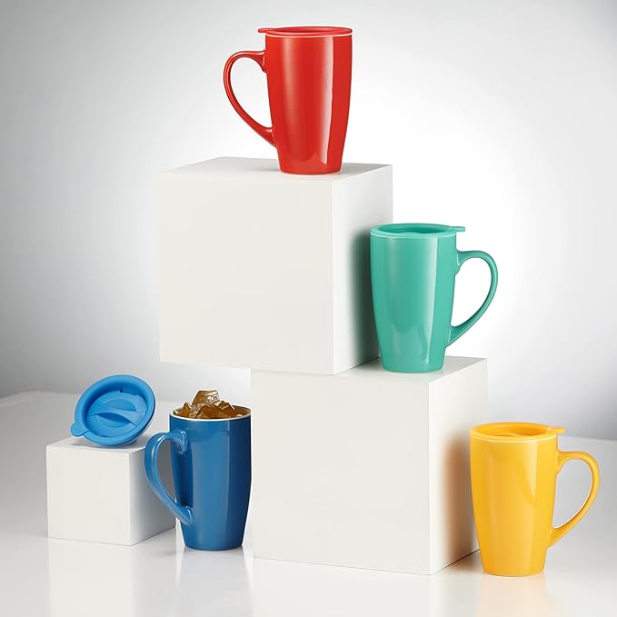 Godinger Insulated Mug Set with Lids - 16oz, Set of 4, Hot Beverage Cups for Coffee, Tea On The Go