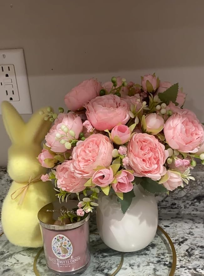 Pusuny Artificial Peonies Silk Flowers, 4 Bundles Faux Peony Bouquet Florals Arrangements for Farmhouse Home Boho Wedding Table Centerpiece, Fake Plastic Flower Bulk for Vase Decoration (Light Pink)