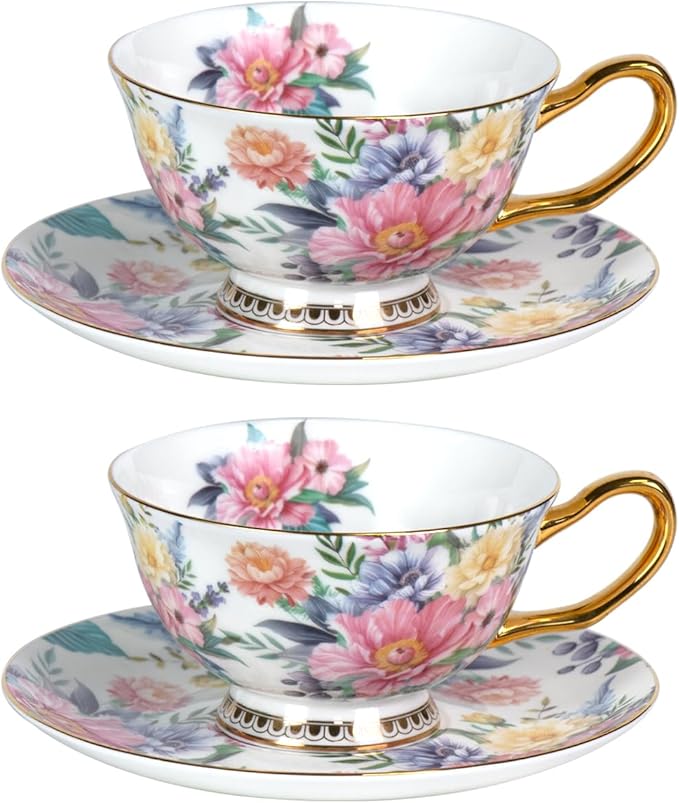 KAMMAK Tea Cups and Saucers Set of 2, Fine Bone China Coffee Cups, Stackable Espresso Mugs, Ceramic Demitasse for Coffee, Cappuccino, Latte, Americano, Tea, Blooming Flowers