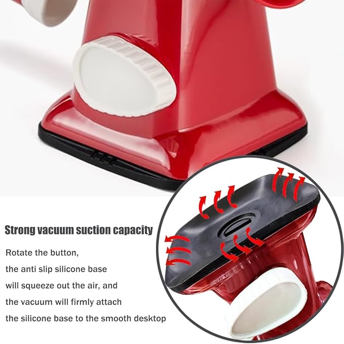Rotary Cheese Grater Shredder with Handle Handheld Round Mandoline Vegetable Slicer Carrot Shredder Nut Grinder with 3 Replaceable Stainless Steel Drum Blades and Upgrade Strong Suction, Red/White