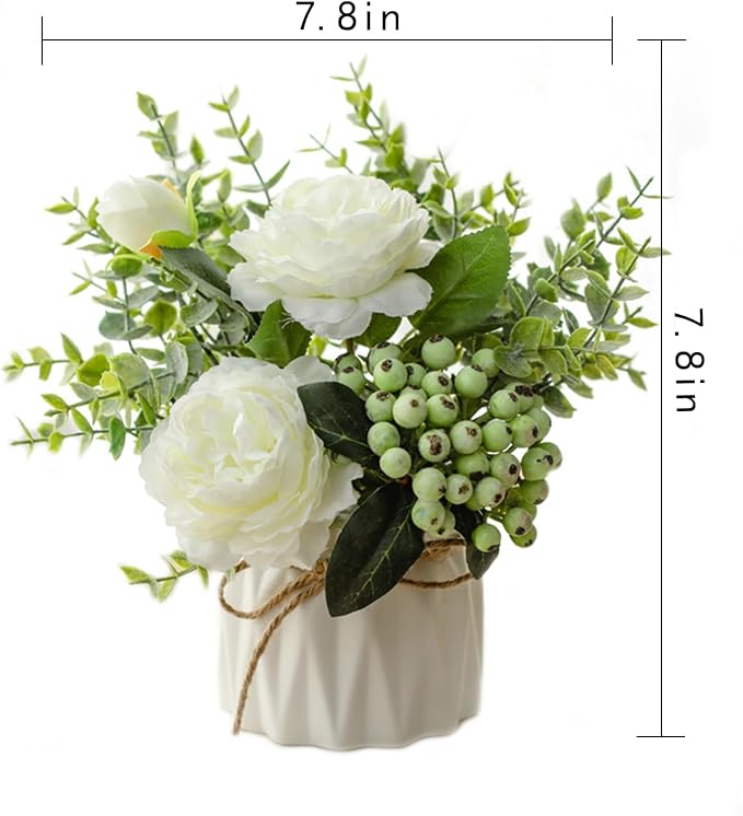 EOBTAIN Fake Flowers in Vase for Coffee Table Decor Faux Potted White Silk Flowers Decoration for Indoor Ceramic Vase with Artificial Plants Flowers Home Decor,Dining Table Centerpiece.