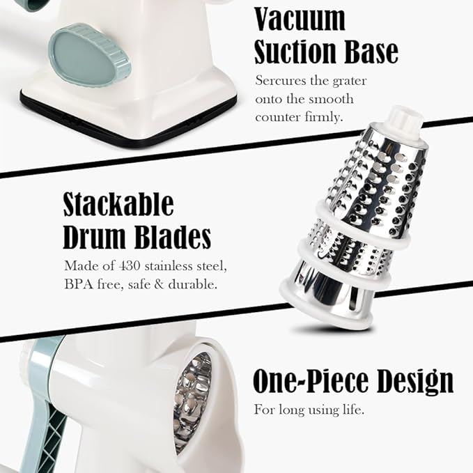 Badelite Cheese Grater Hand Crank Rotating Cheese Shredder Stainless Steel Vegetable Slicer Grater for Kitchen 3 Blades for Cheese, Carrot, Cucumber, Nuts, Chocolate, White