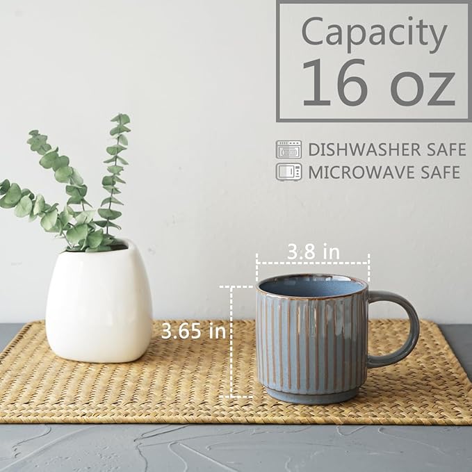 Bosmarlin Stackable Ceramic Coffee Mug Set of 4, 16 Oz, Coffee Cups, Microwave Safe, Unique Reactive Glaze (Light Purple Grey, 16 Oz)