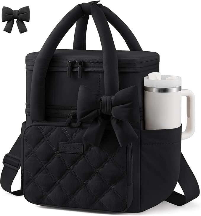 LOVEVOOK Insulated Lunch Bag Women,Expandable Double Deck Adult Lunch Box Women with Cup Holder,Bow Quilted Puffer Lunch Tote,Large Leakproof Collapsible Cooler Bag for Work College Picnic Meal Prep