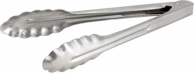 Winco Coiled Spring Extra Heavyweight Stainless Steel Utility Tong, 9-Inch | Dishwasher safe, Heavy-duty, Scalloped edges, Great for Salads, Buffets and Catering