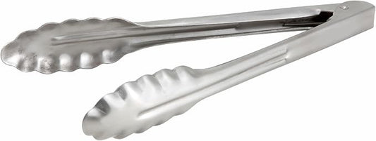 Winco Coiled Spring Extra Heavyweight Stainless Steel Utility Tong, 9-Inch | Dishwasher safe, Heavy-duty, Scalloped edges, Great for Salads, Buffets and Catering