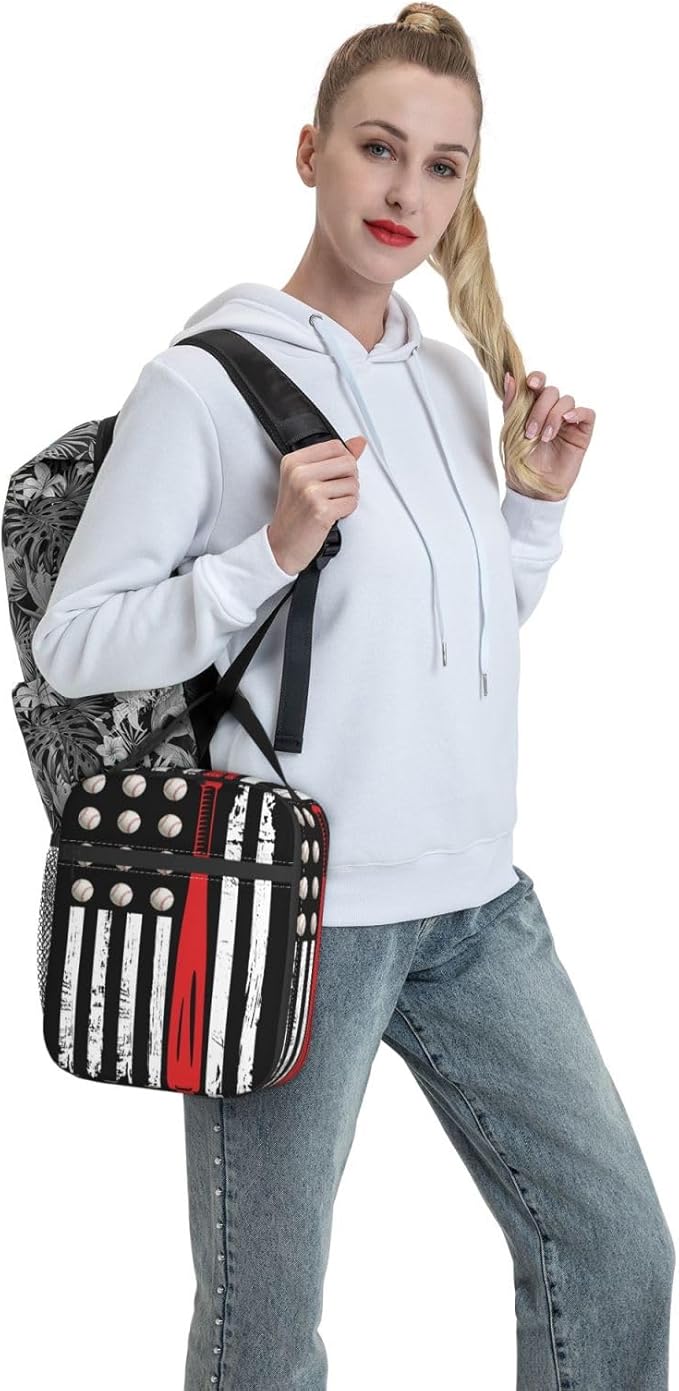 Gianlaima American Usa Flag Baseball Insulated Lunch Box For Women And Man, Portable Lunch Bags Reusable Cooler Tote For Office Work Travel Picnic Camping Beach