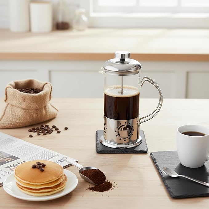 Single Serve French Press Coffee Maker - 12 oz Glass & Stainless Brewer | Portable 1-Cup Manual Coffee Press With Fine Mesh Filter, Mini Brewer For Home, Travel or Camping, Great For Loose Tea.