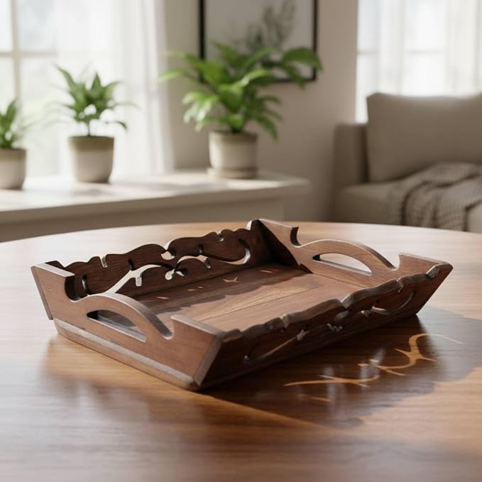 Generic Beverage Tray Wooden Tray Smooth Polished Surface Household Storage for Living Room, Medium 32.5x29.5x7.5cm