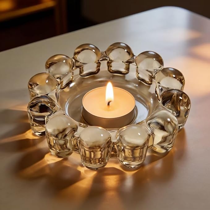 khtumeware Chic Smoky Bubble Glass Candle Dish – Modern Clear Glass Candle Holder for Tealights & Diffusers, Decorative Tray for Home & Tabletop Decor（1 Pack）