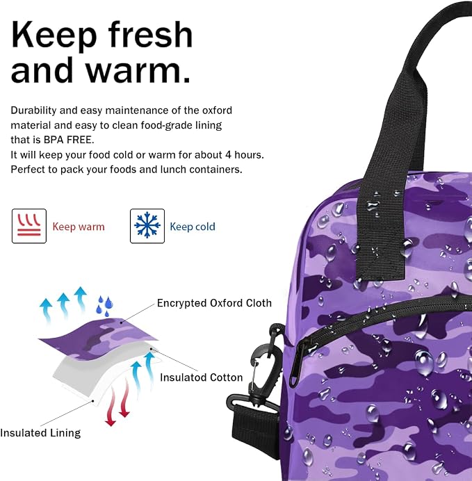 Purple Camouflage Insulated Lunch Bag for Women Men Reusable Lunch Box Cooler Bag Large Leakproof Lunch Tote with Adjustable Shoulder Strap for Adult Work Picnic Camping Beach Office