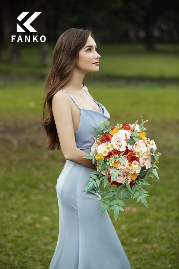 FANKO Artificial Flowers for DIY, Orange Peach Yellow Faux Flowers Bouquet, Fake Flowers with Roses Daisy Silk Flowers for Vase, Home Decor, Wedding Centerpiece, Floral Arrangement Décor, Party