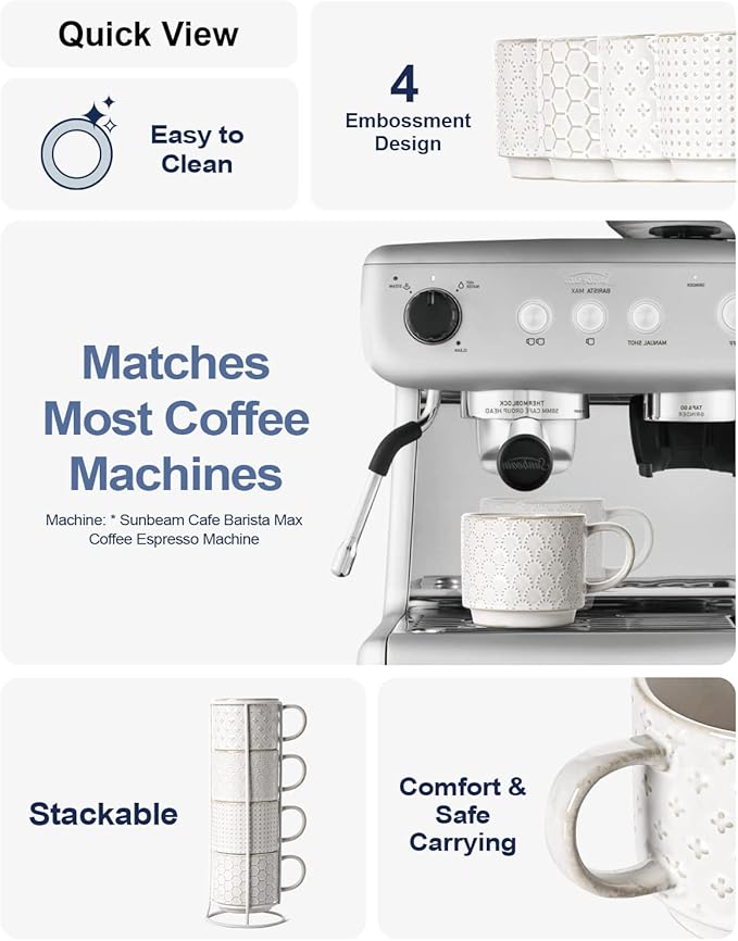 LE TAUCI Stackable Coffee Mugs Set with Stand, Ceramic Espresso Cups for Au Lait, Cappuccino,Latte,Cafe,Mocha,Tea, Suit For Housewarming Wedding- 8 oz, Set of 4,Arctic white