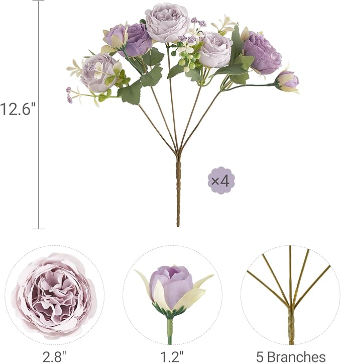Mkono Peonies Artificial Flowers, Small Silk Flowers for Home Decor Indoor Fake Bouquet Faux Floral Arrangements Dining Table Centerpieces for Kitchen Party Decor Purple