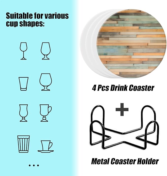 Wood Plank Wall Exquisite Set of 4 Ceramic Coasters with Holder,Absorbent Drink Bar Coasters,Table Coasters