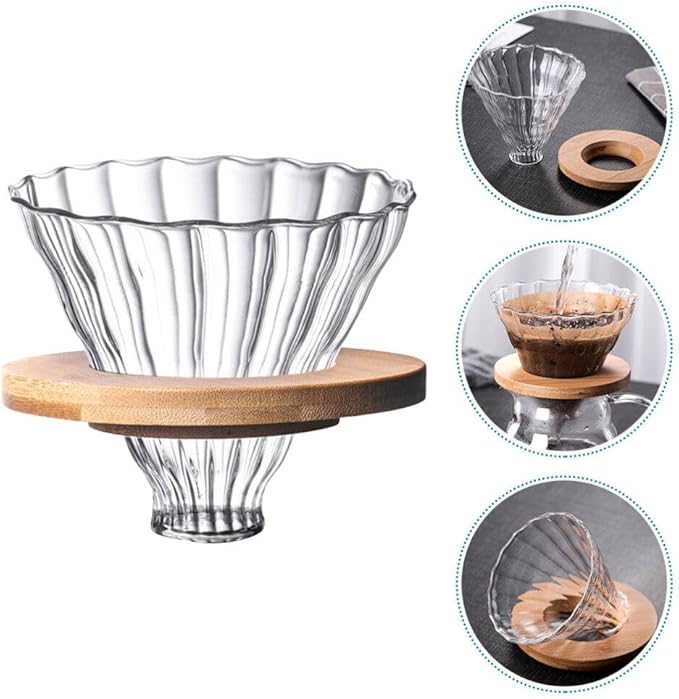 Cabilock 1set Reusable Stripe Glass Coffee Filter Funnel High Borosilicate Glass Coffee Dripper Base for Home Cafe Travel Use