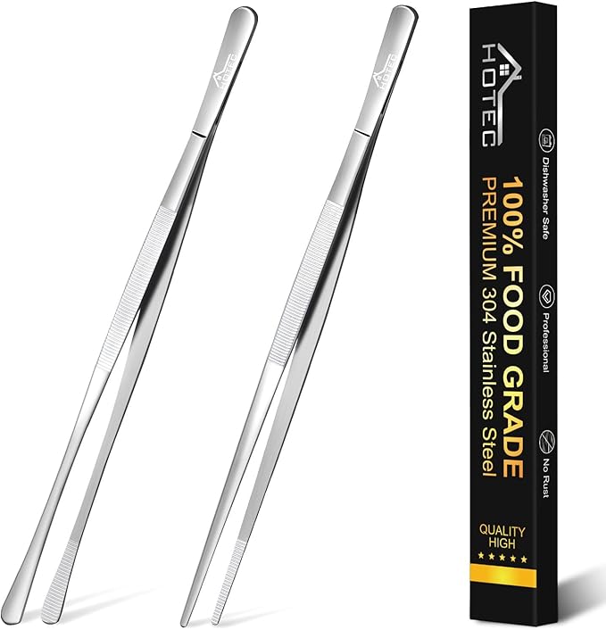 HOTEC Kitchen Tweezers Tongs Stainless Steel Professional Chef Tweezers, Set of 2-12inch Extra-Long Food Tongs for Cooking,Grill and Baking