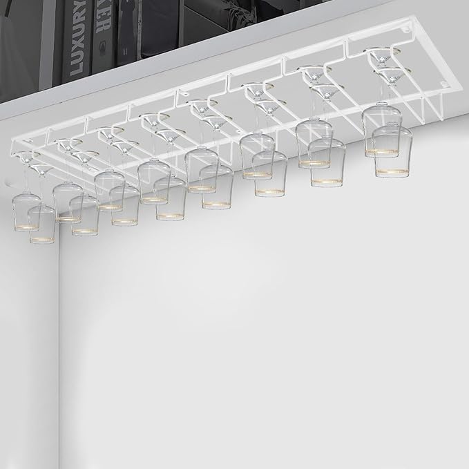 16 Wine Glasses Rack Holder Hanging Metal Storage Shelf Wall-Mounted Cup Holder Upside Down Hanging Under Cabinet Wine Glass Iron Holder Rack For Bar Kitchen (White)