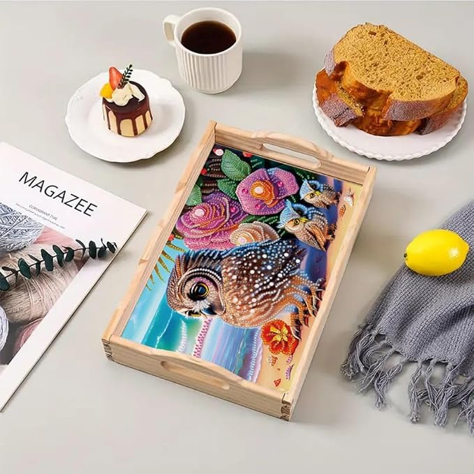 DIY Diamond Serving Tray Rectangular Breakfast Tray with Handle Handmade Diamond Art Painting Wooden Tray for Dinner Plate Coffee Room Living Home Organizer-Owl03