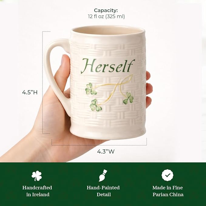 Belleek Classic Herself 12 oz Irish Coffee Mug, Handcrafted Microwave Safe Parian China Cup, Shamrock Decor, White