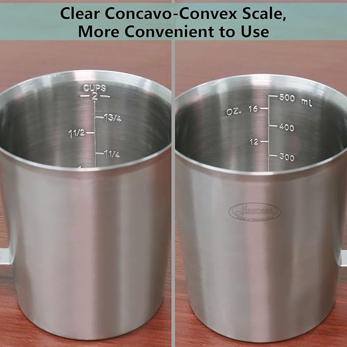 Newness Stainless Steel Measuring Cup, Metal Measuring Cup with Handle (Upgraded, 3 Marking Including Cup/ML/Ounce Scale), 16 Ounces (0.5 Liter, 2 Cup)