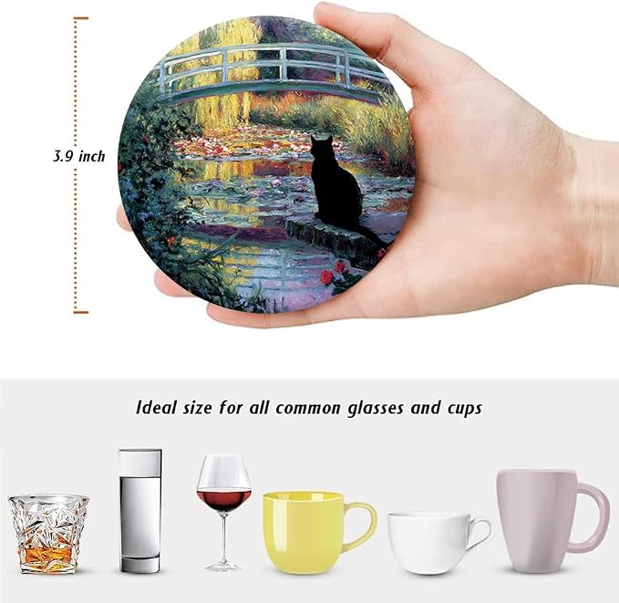 Drink Coasters for Drinks Set of 6, Water Lilies Art and Black Cat Absorbent Round Ceramic Stone Mat Coaster, with Cork Base and Metal Holder, Home Bar Decor House Warming Gift
