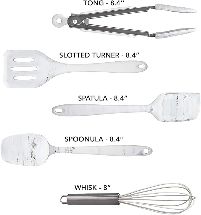 COOK WITH COLOR Silicone Cooking Utensils, Kitchen Utensil Set, Easy to Clean Silicone Kitchen Utensils, Cooking Utensils for Nonstick Cookware, Kitchen Gadgets Set, Mini, Marble White