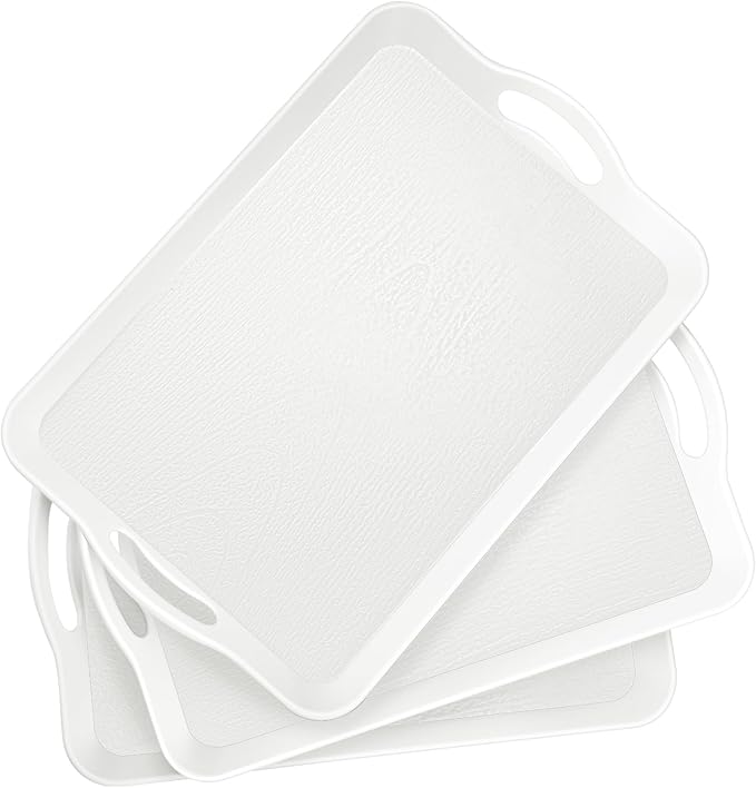 3 Pack Serving Trays with Handles, 16 x 11 inch Rectangular Plastic Serving Platter, Food Serving Tray for Restaurant Buffets, Diners, School Lunch(White)