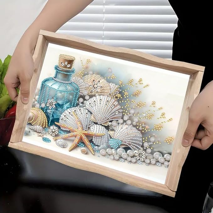 DIY Diamond Serving Tray Rectangular Breakfast Tray with Handle Handmade Diamond Art Painting Wooden Tray for Dinner Plate Coffee Room Living Home Organizer-Shell