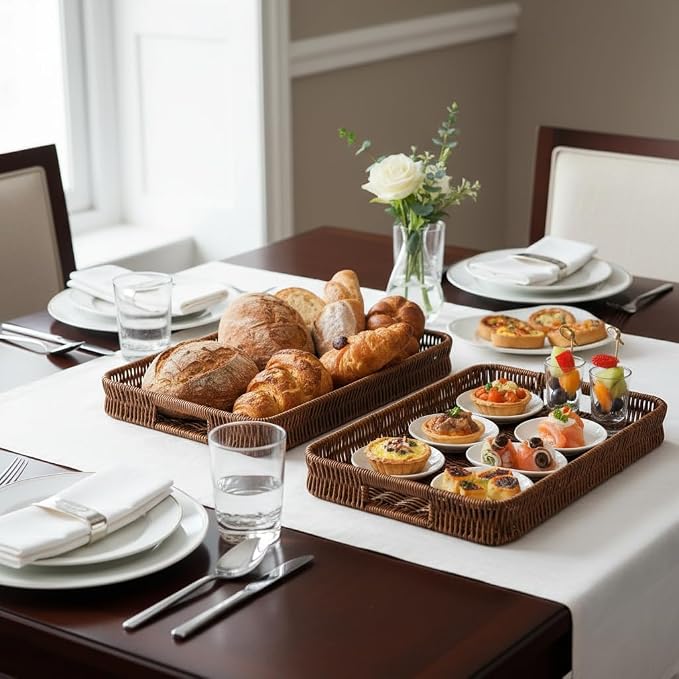 2pcs Rectangular Serving Tray with Handles, Decorative Wicker Organizer Baskets Storage Tray for Coffee Table, Bread, Fruit, Snacks, Centerpiece Decor